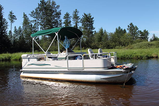 Pontoon boat with green canopy on calm river, surrounded by trees and grass.