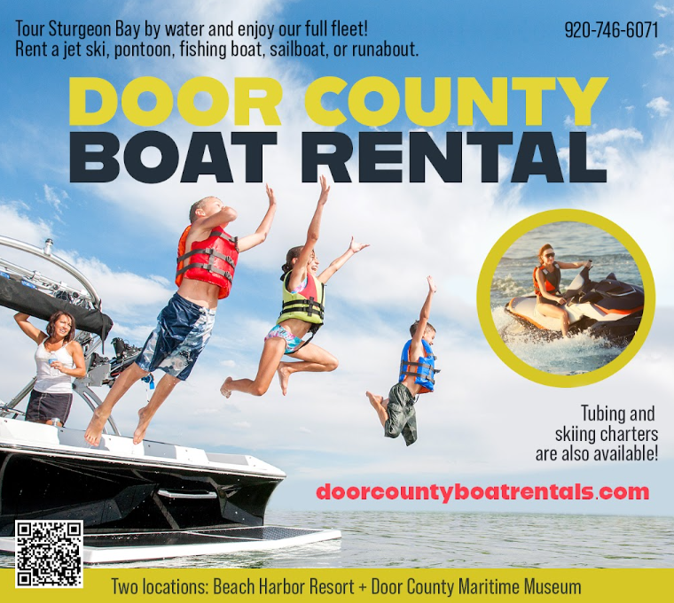 People jumping off a boat into the water with life vests, promoting Door County Boat Rental.
