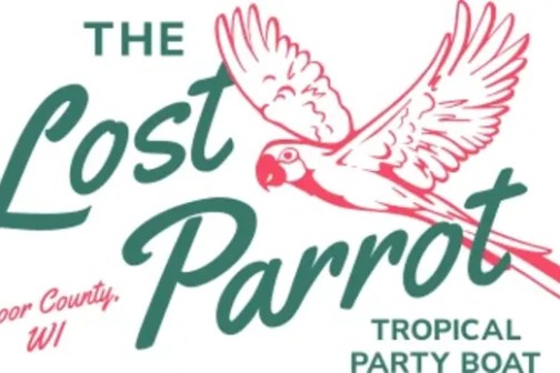 Logo with flying parrot and text: The Lost Parrot, Door County, WI, Tropical Party Boat.