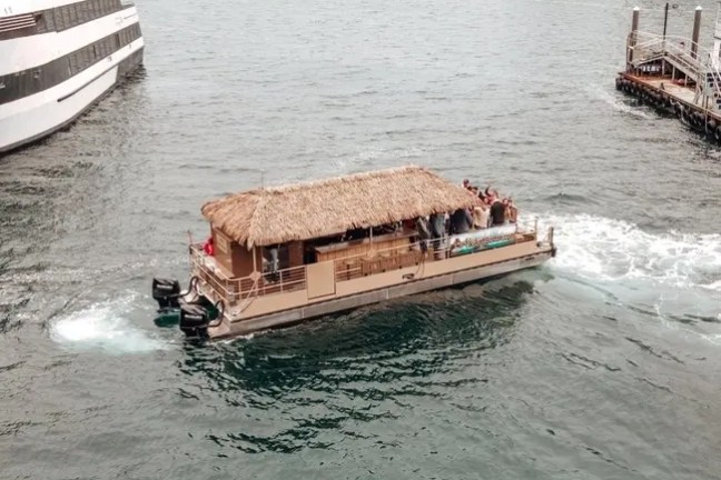 A tiki-style boat with a thatched roof cruising on water.