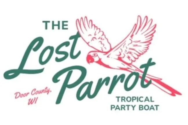 Logo with parrot and text 'The Lost Parrot, Tropical Party Boat, Door County, WI'.